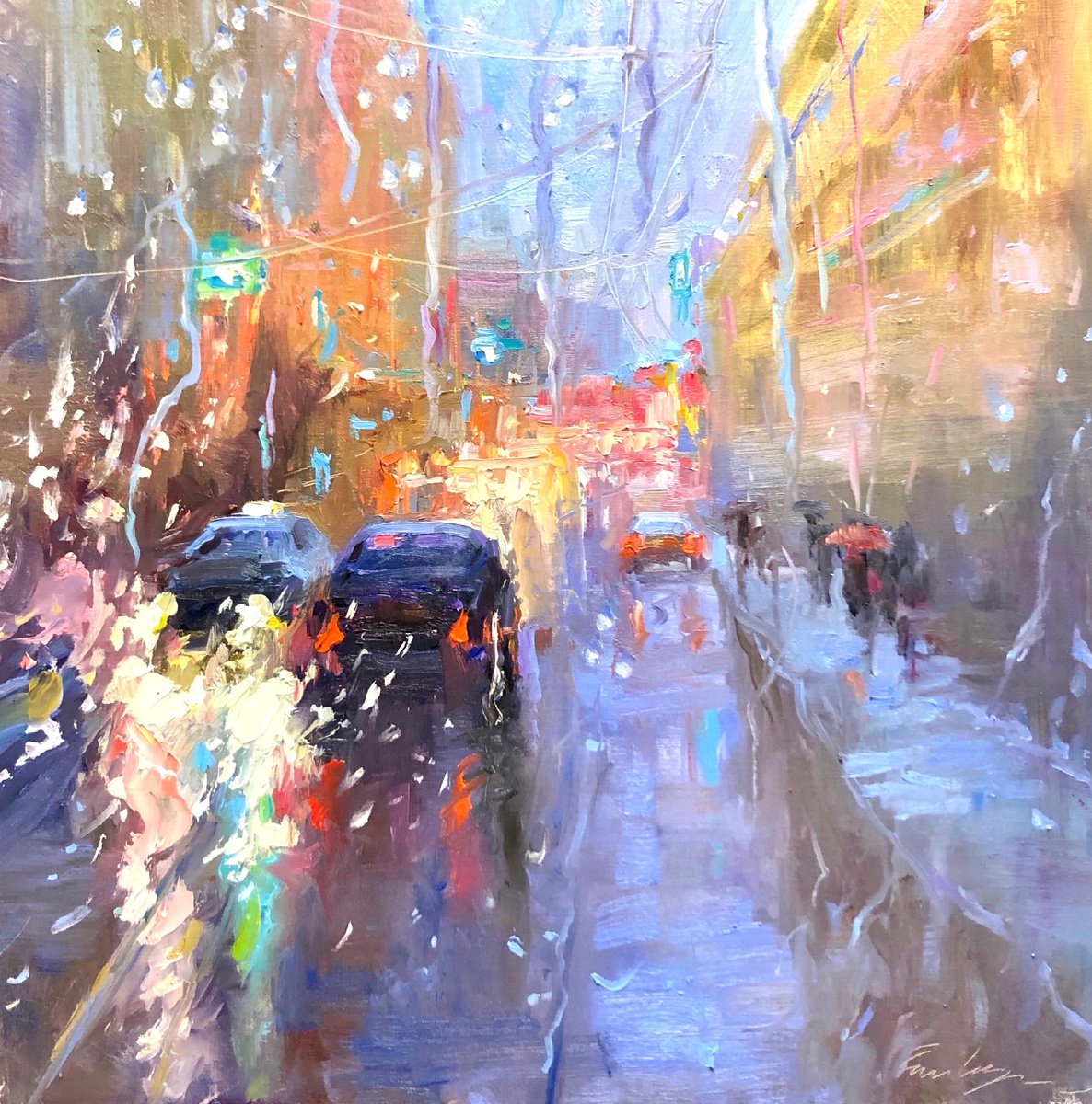 Rainy City Painting Wet Cityscape Original Artwork Oil on Canvas Board Impressionism Art b... by Emiliya Lane