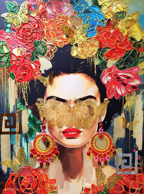 Frida - faceless portrait woman art with mirrors & crystals. Floral abstract painting with Frida Kahlo portrait with flowers and butterflies. Art Gift for artist by BAST