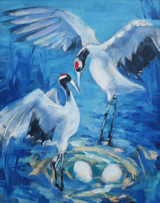 Cranes. Happy couple. Birds.