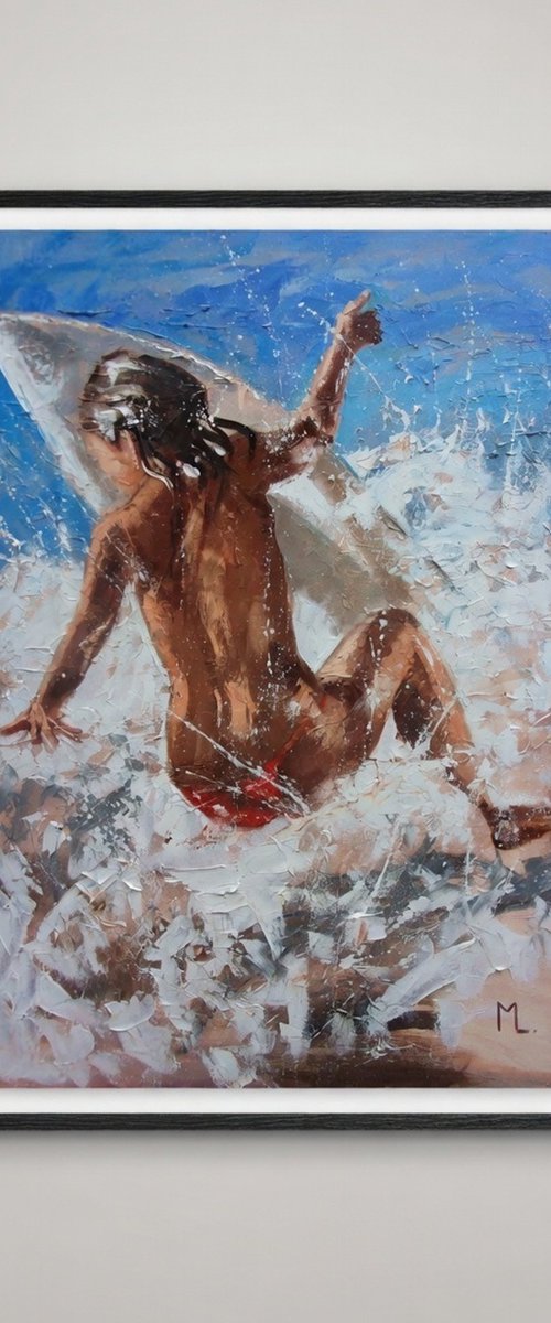 " GIRL SURFING IN CALIFORNIA WAVE FREE " by Monika Luniak