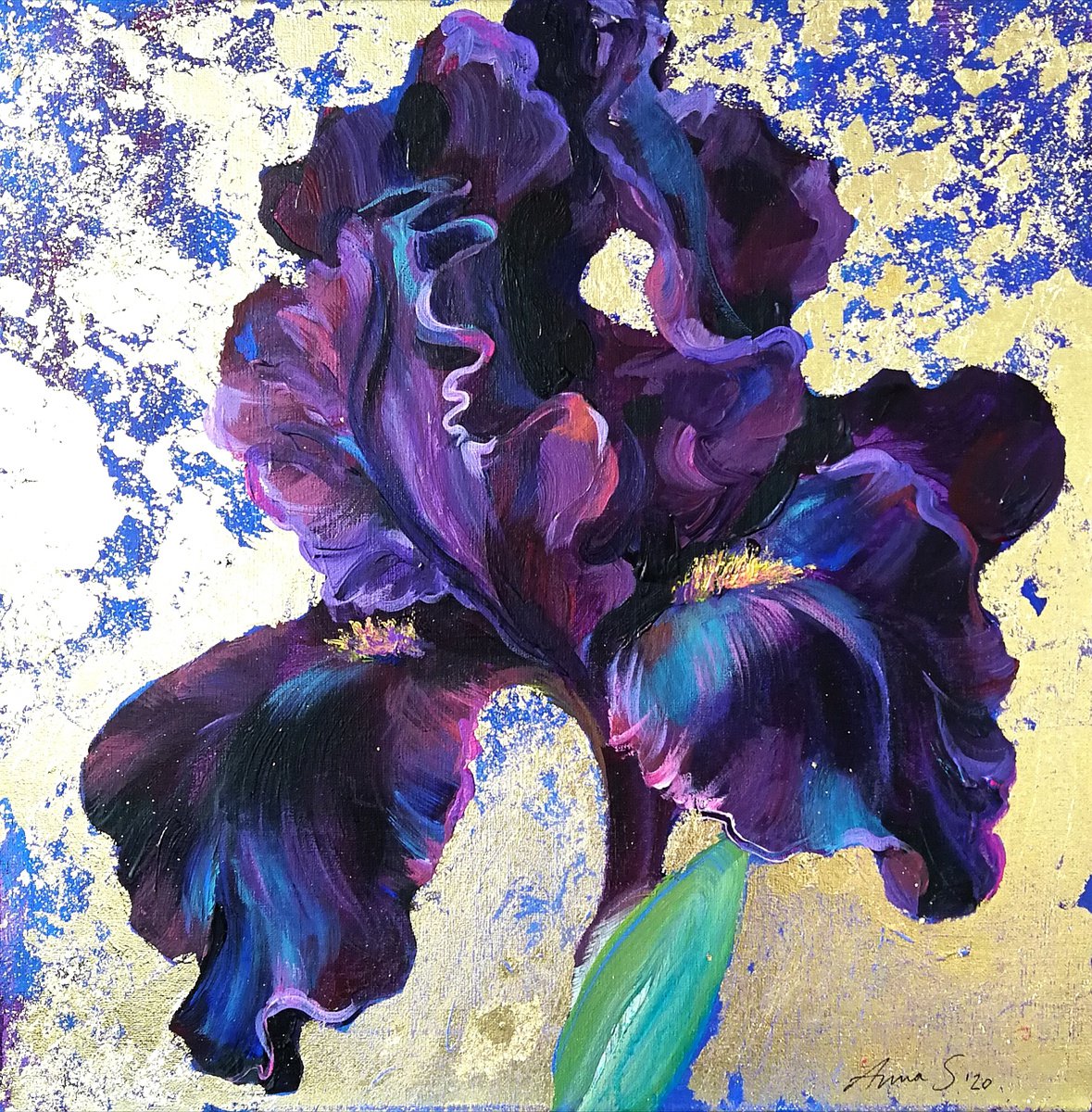 Expressive Botanical Acrylic Painting By Anna Silabrama, 16 X 16, Iris, Original Artwork