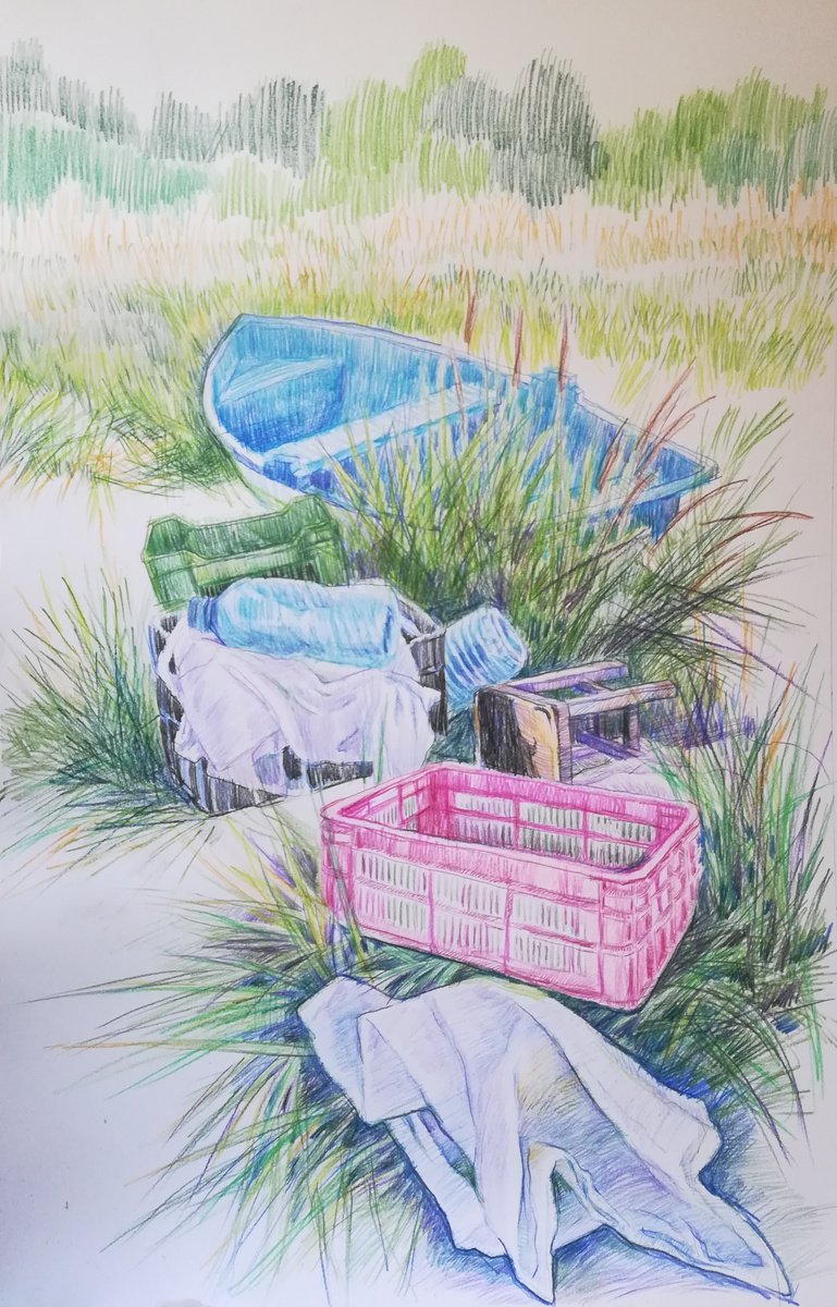 Illustrative Landscape Pencil Drawing By Zlatina Krusteva, 24 X 36", "After The Sea", Original Artwork