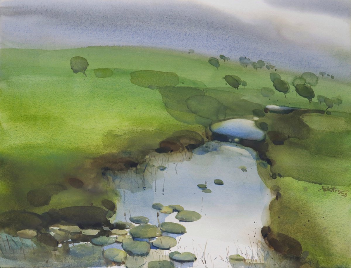 Impressionistic Landscape Watercolour By Prashant Prabhu, 24 X 18", Leafy Pattern Tranquil Water 2, Original Artwork