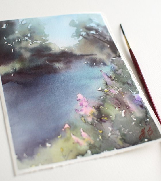 River in the forest, Purple flowers and water in summer