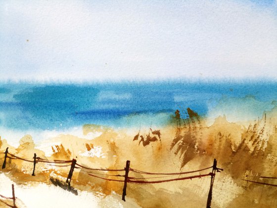 "Seascape with a lighthouse, summer sunny day" original watercolor artwork