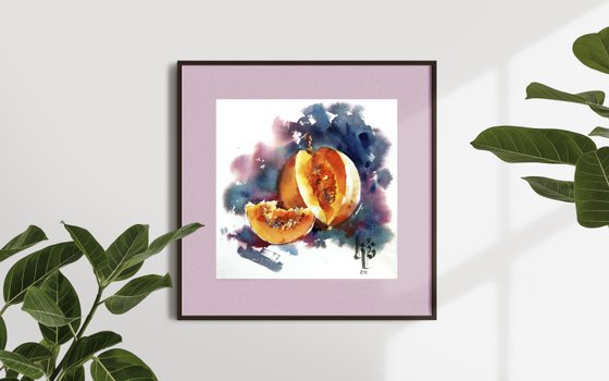 "Still life with pumpkin" expressive original watercolor artwork in square format