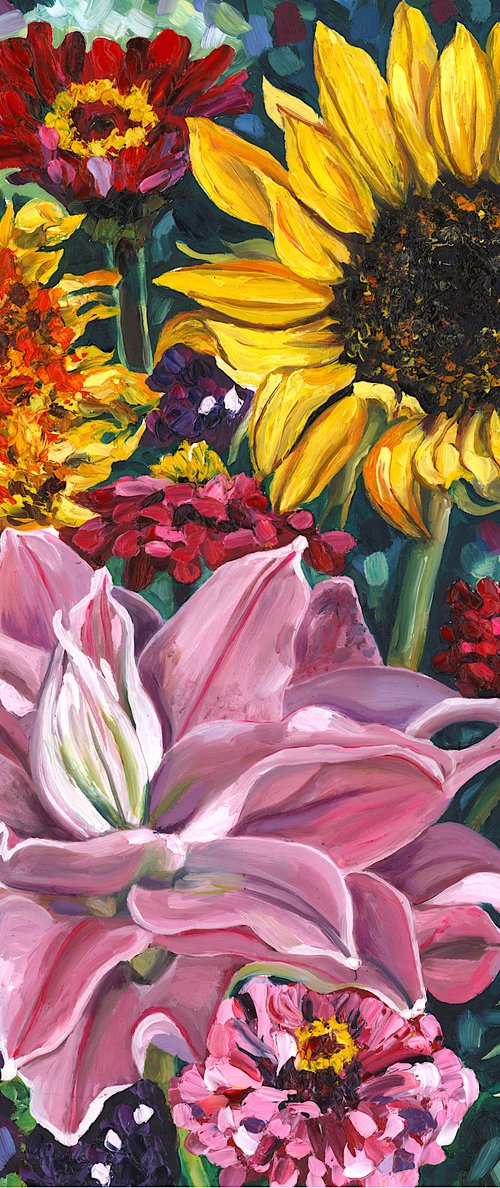 Fuzzy Sunflowers with Double Lily by Christina M Plichta