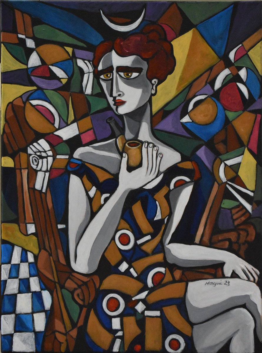 Expressive Portrait Acrylic Painting By Nagui, 18 X 24", The Smoker In The Hotel Lobby, Original Artwork