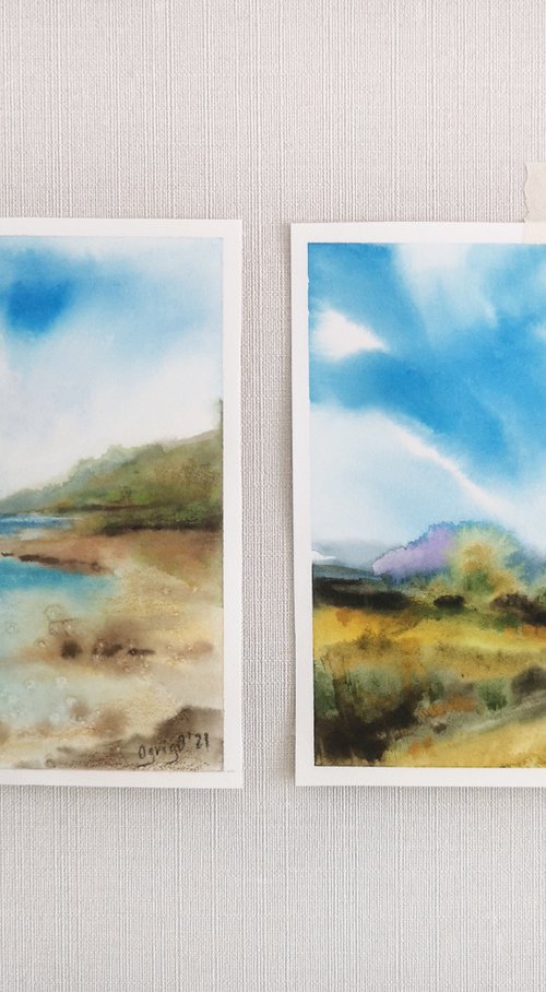 Landscape, mountain and sea scenery, small painting set by Olga Grigo