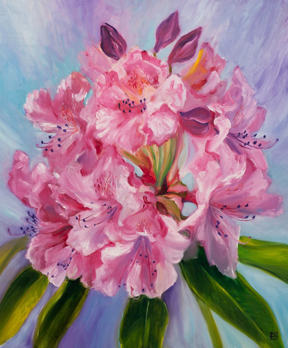 Impressionistic Botanical Oil Painting By Liudmila Pisliakova, 20 X 24", Rhododendron, Original Artwork