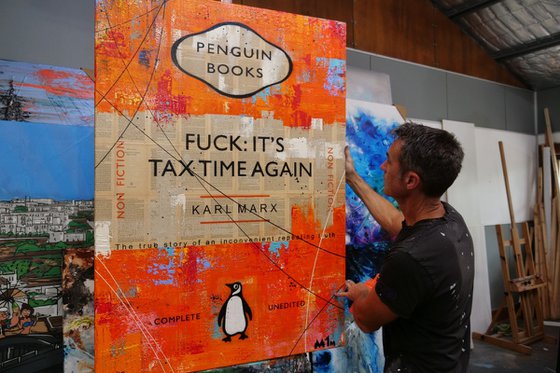 Tax Tax Tax 140cm x 100cm Orange Tax Time Book Page Urban Pop Art