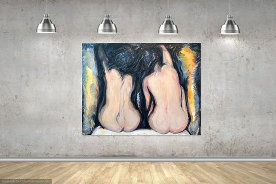 GOSSIP GIRLS - Gemini zodiac sign - nude art, large original painting, two nudes, erotic art