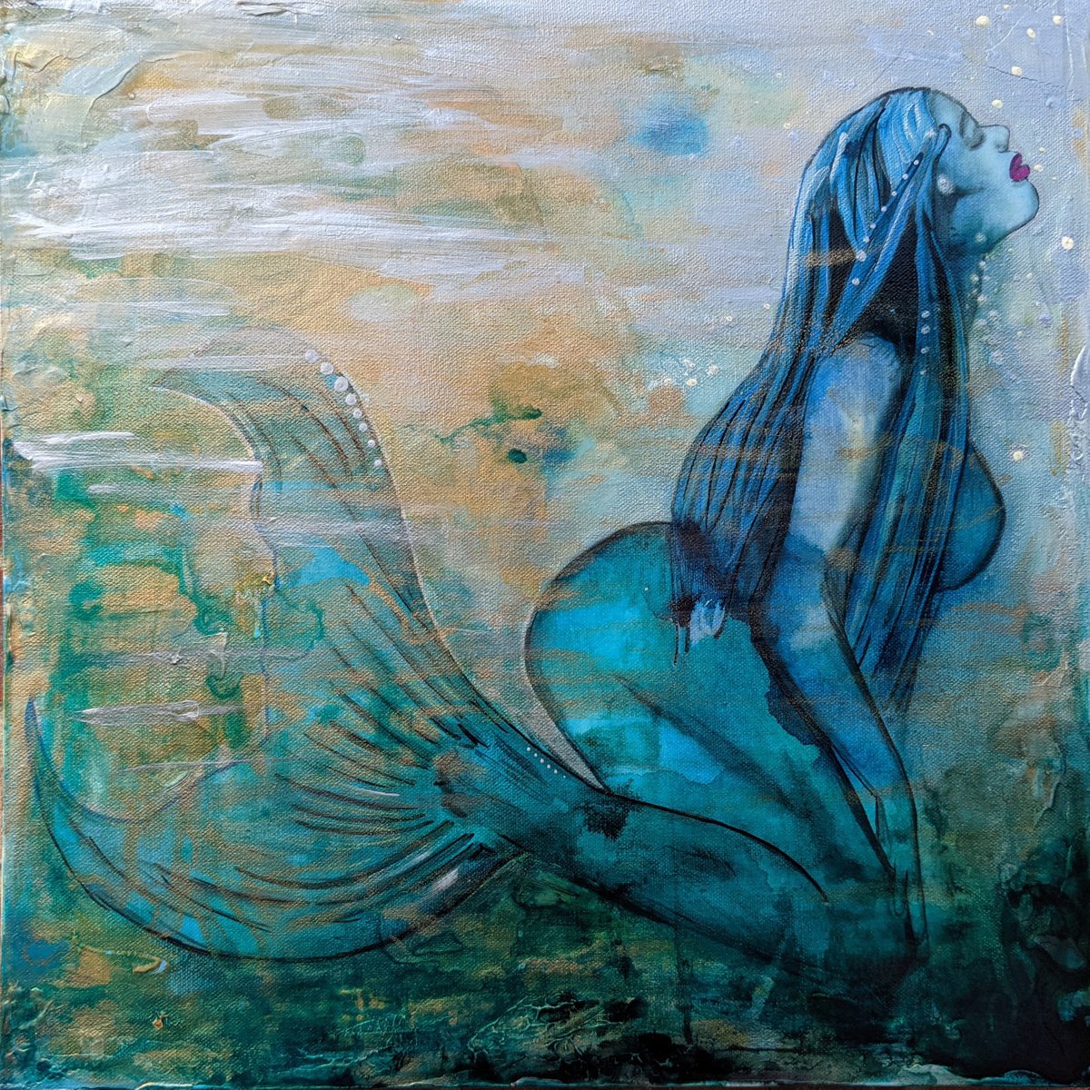 Expressive Portrait Painting By Dianne Bowell, 20 X 20, Longing For - Mermaid Painting, Original Artwork