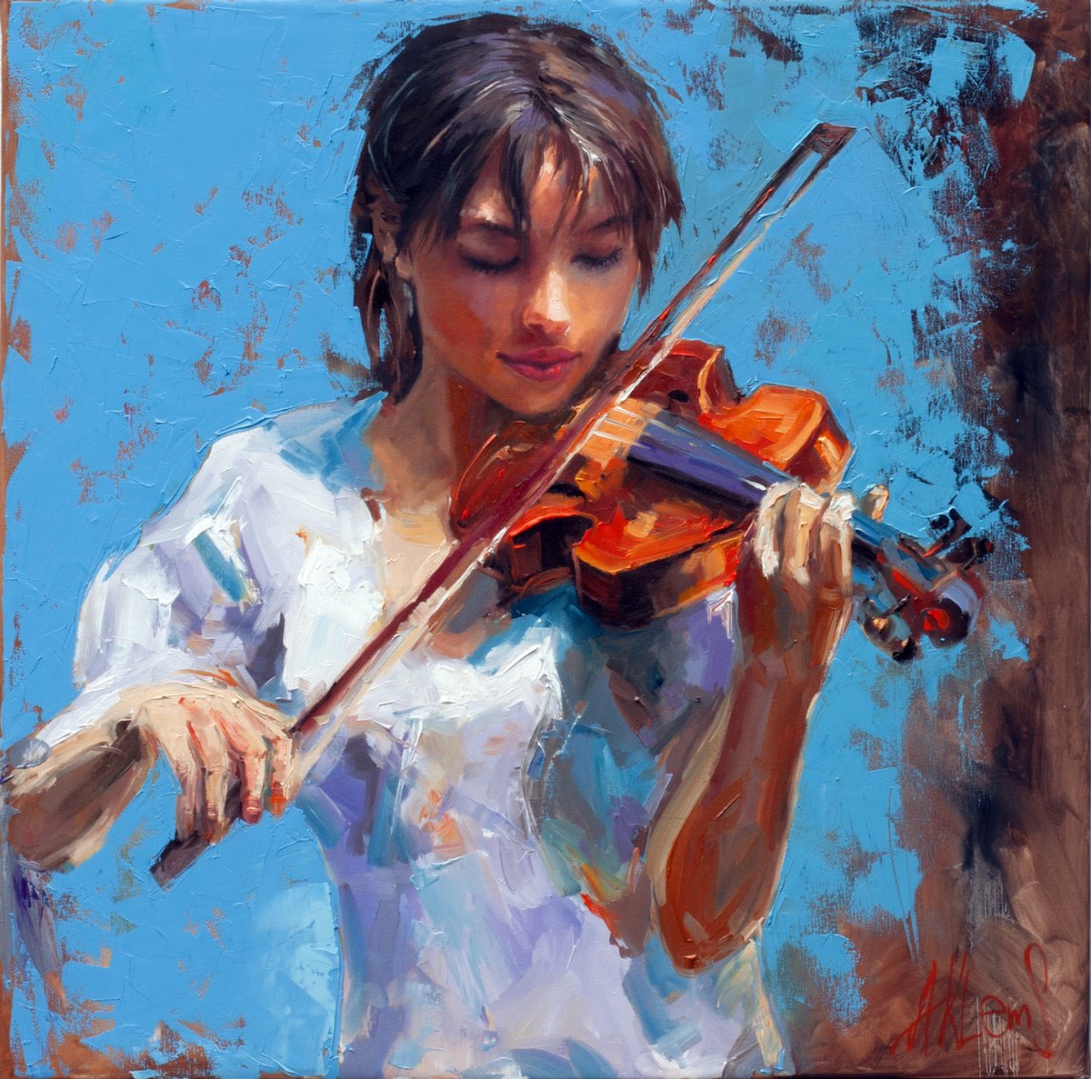 Impressionistic Portrait Oil Painting By Alexandr Klemens, 28 X 28, Silence Before The Note, Original Artwork