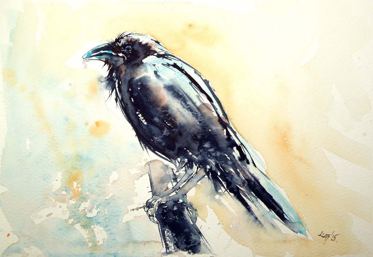 Impressionistic Animal Watercolour By Kovacs Anna Brigitta, 10 X 7", Crow, Original Artwork