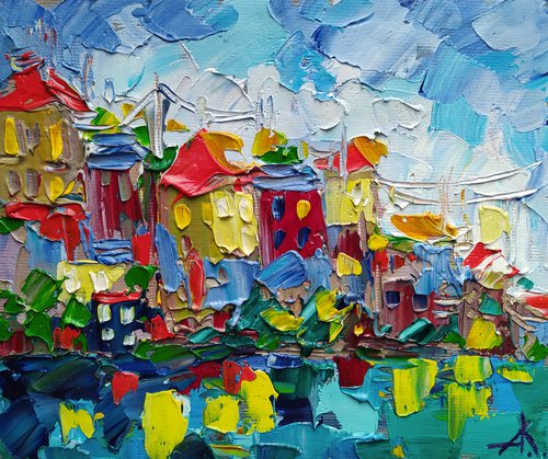 Сity in the light of lanterns - city, cityscape, city oil painting, cityscape oil painting, city and sea, city lights by Anastasia Kozorez