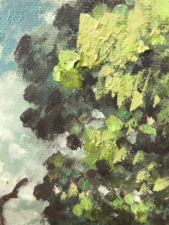 Original Oil Painting Wall Art Signed unframed Hand Made Jixiang Dong Canvas 25cm × 20cm Sunshine in the Woods landscape Small Impressionism Impasto