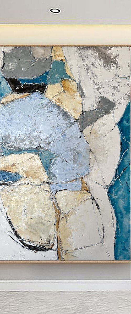 Beige and turquoise abstraction. White and turquoise wall art. by Marina Skromova