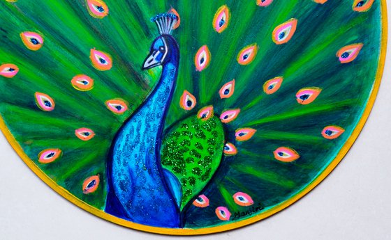 Glittering Peacock unique folk art on wood