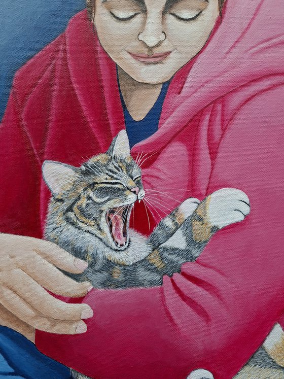 Woman With Yawning Cat