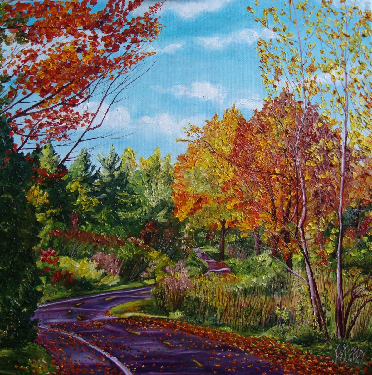 Impressionistic Landscape Oil Painting By Olga Knezevic, 16 X 16", Vivid Autumn Colours, Original Artwork