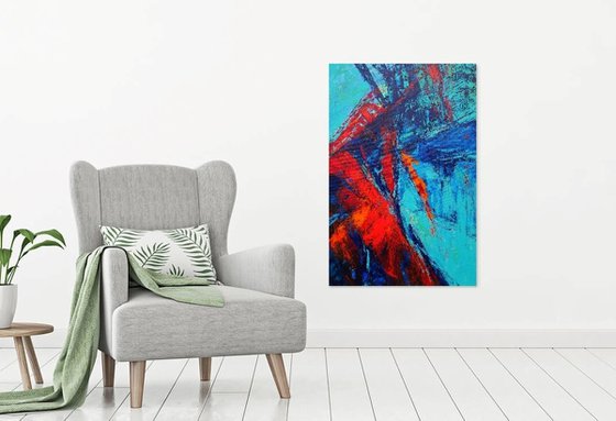 Large Abstract Blue Turquoise Red Landscape Painting. Modern Textured Art. Abstract. 61x91cm.
