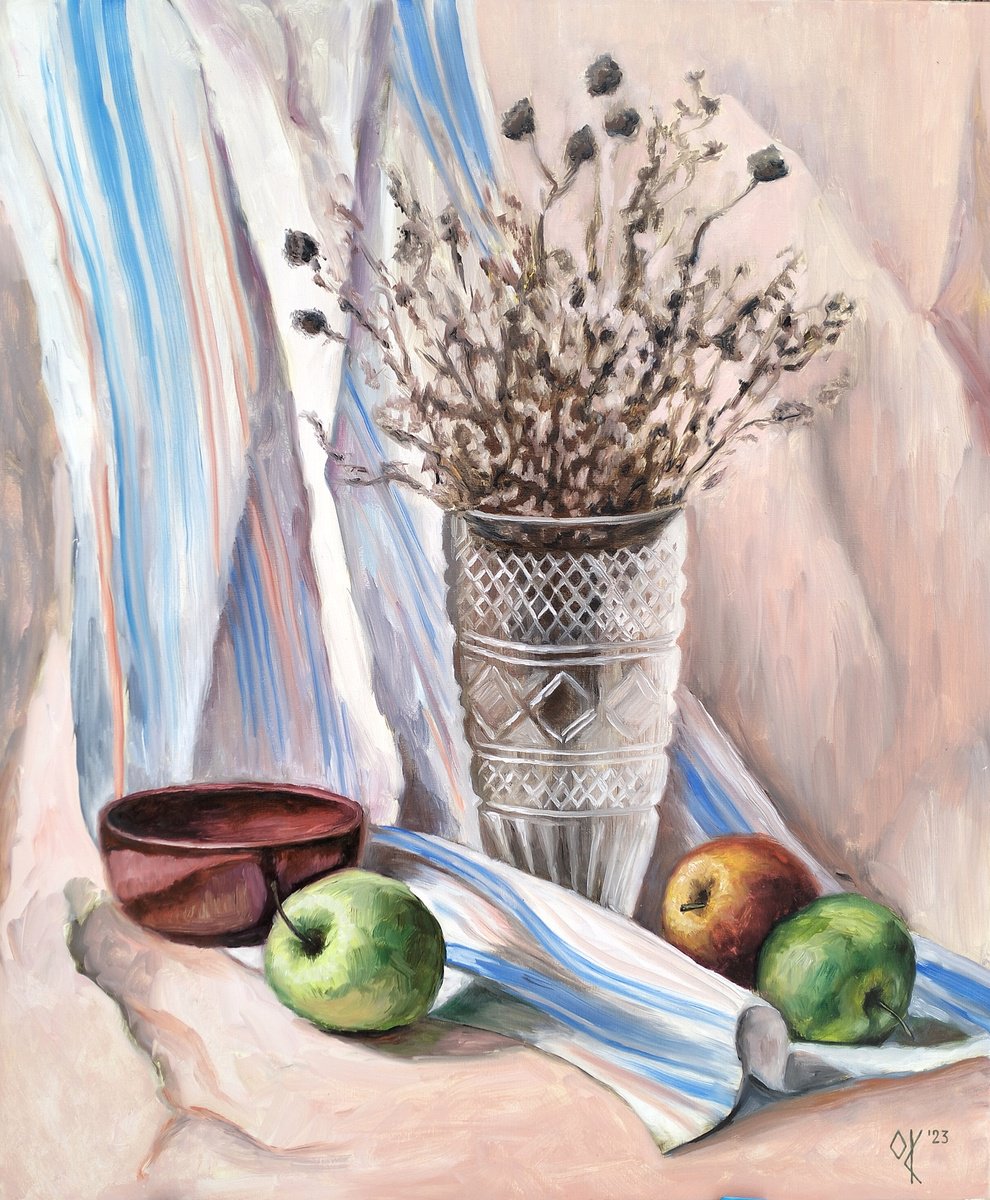 Vase with Dried Flowers and Apples 2023 by Olena Kucher