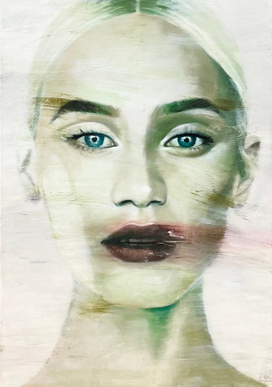 Alisa | beautiful model green tones painting in oil on canvas large contemporary portrait female model