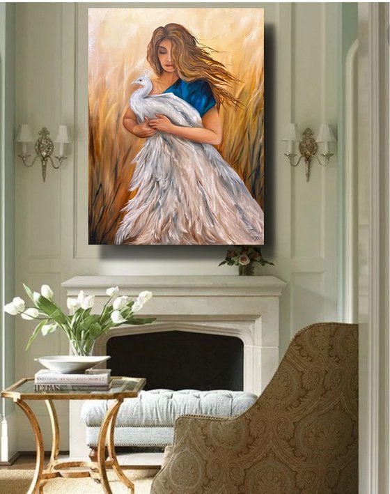 Dignity, oil painting, Picture of a girl, beautiful girl, girl in a dress, Portrait of a girl, painting with meaning, peacock, peacock picture, peacock girl, white peacock, symbol of dignity