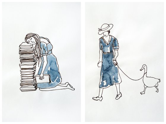 Set of 2 sketches with people - book lover girl and woman with goose