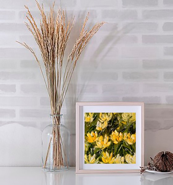 Tulips Painting Floral Original Art Abstract Yellow Flowers Small Oil Artwork Home Wall Art 8 by 8" by Halyna Kirichenko