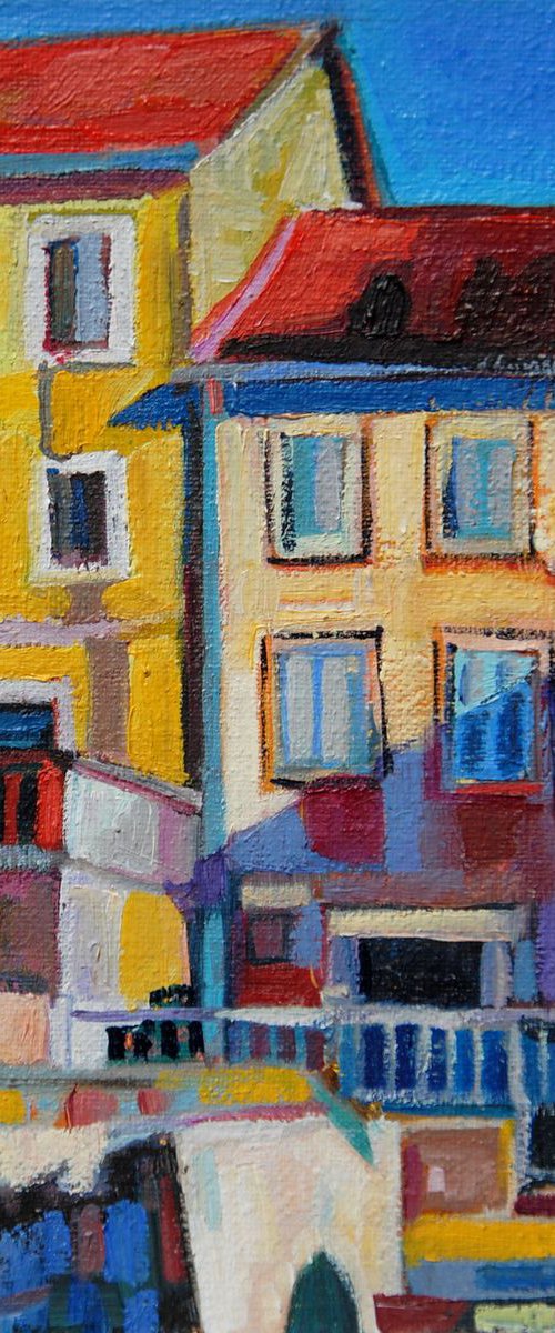 Yellow houses on the seashore / 16.3 x 11.4 cm by Maja Đokić Mihajlović