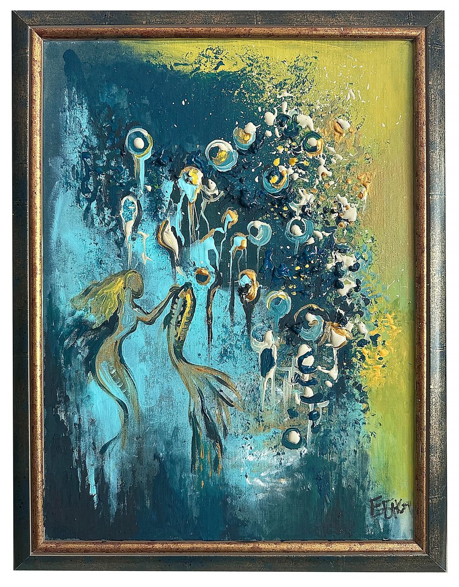 Abstract Acrylic Painting By Eleonora Bakalova, 15 X 19, Underwater Elements, Original Artwork