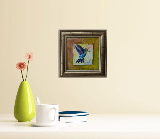 Green Crowned Woodnymph Hummingbird oil painting on a gessoed masonite mounted on gessoed panelboard 5x5