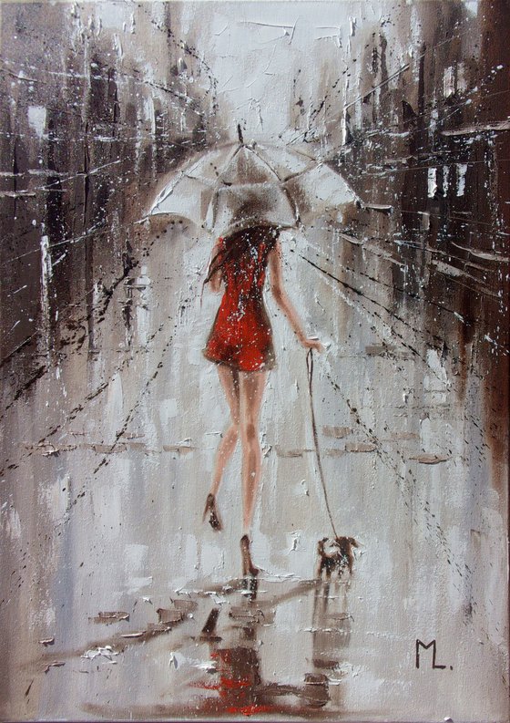 " LITTLE BOBBY LOVES THE RAIN "   street spring summer original painting CITY palette knife GIFT