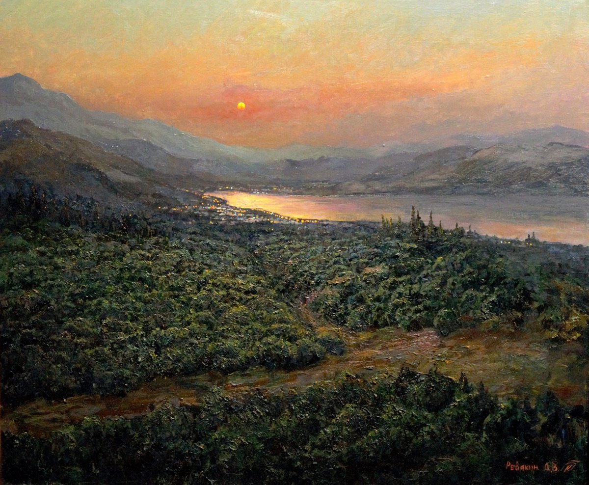 Romantic sunset view in Crete Greece. Oil painting by Dmitry Revyakin