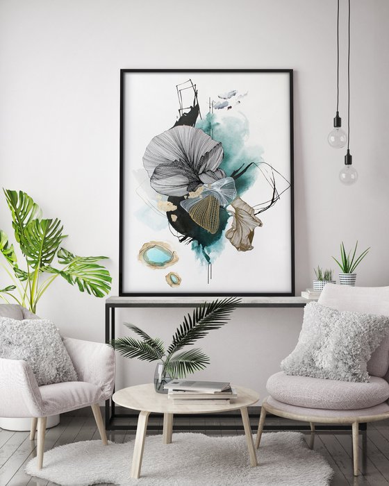 "Concord 5" Teal white abstract art