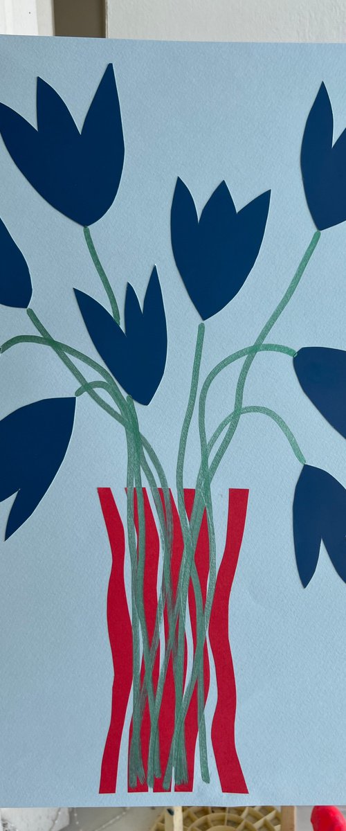 Blue Tulips in Striped Vase by Sasha Robinson