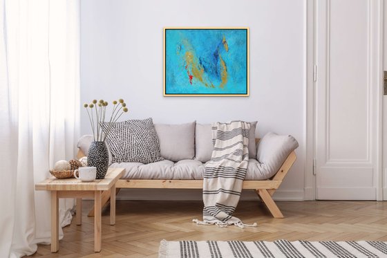 CARIBBEAN DREAM. Teal, Gold, Blue Contemporary Abstract Seascape, Ocean Waves Painting. Modern Textured Art