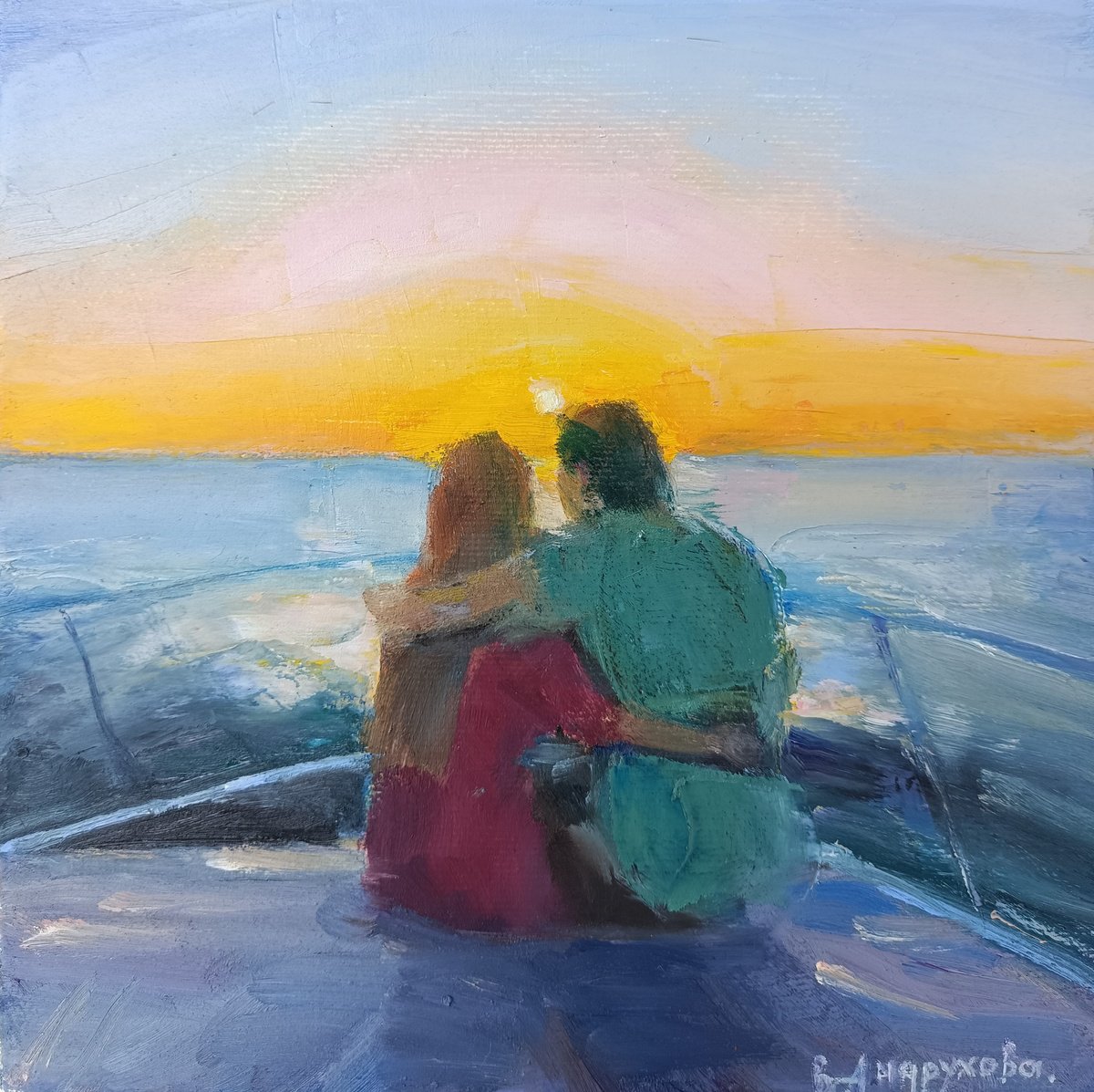 Impressionistic Portrait Oil Painting By Valentina Andrukhova, 8 X 8", Lovers Enjoy The Sunset, Original Artwork