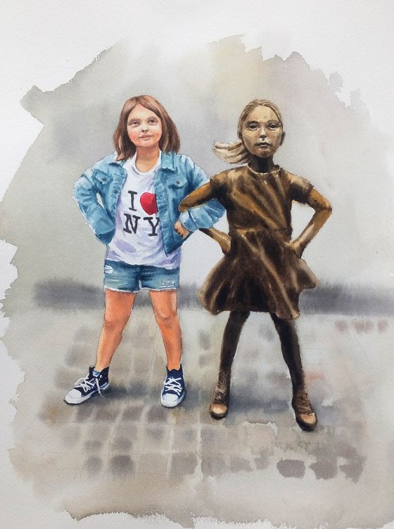 A little girl poses next to the Fearless Girl -   Wall Street - I love NY - New York City - Manhattan