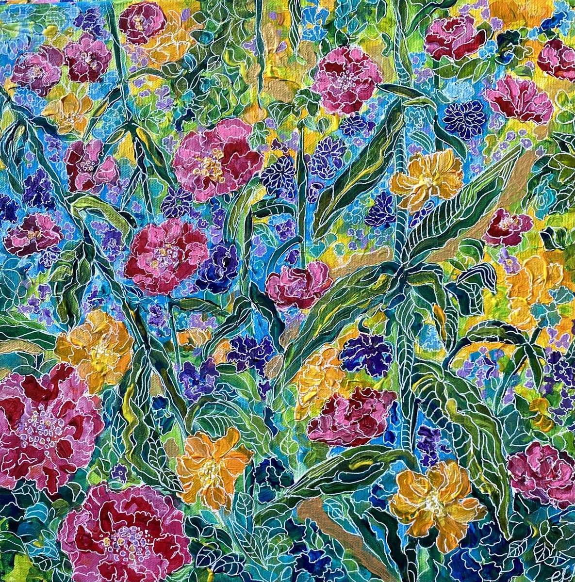 Organic Botanical Acrylic Painting By Colette Baumback, 16 X 16, Amaryllis -Subterranean Floral, Original Artwork