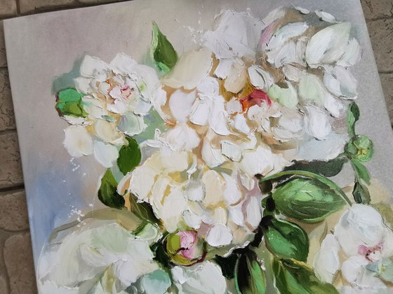 White peonies flowers painting on canvas, Textural white floral art