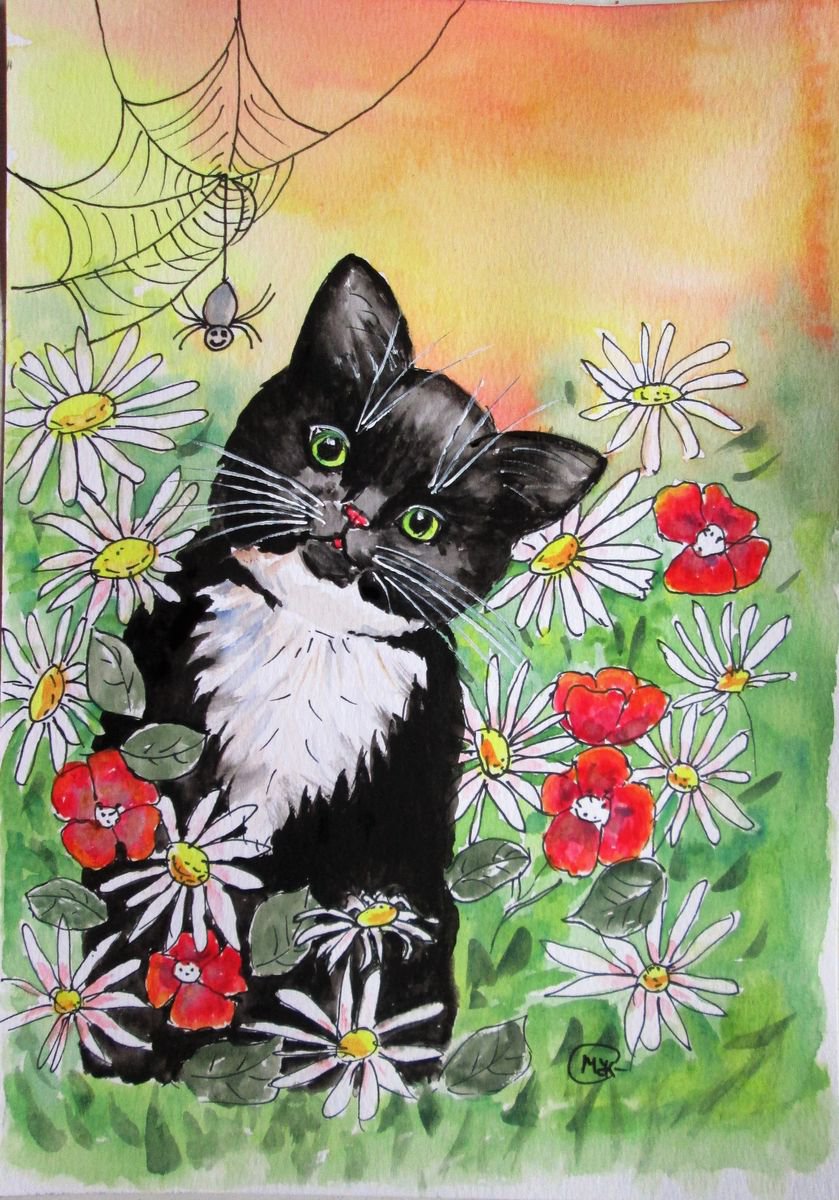 Cat, Spider and Flowers, Tuxedo Kitten in flower garden by MARJANSART