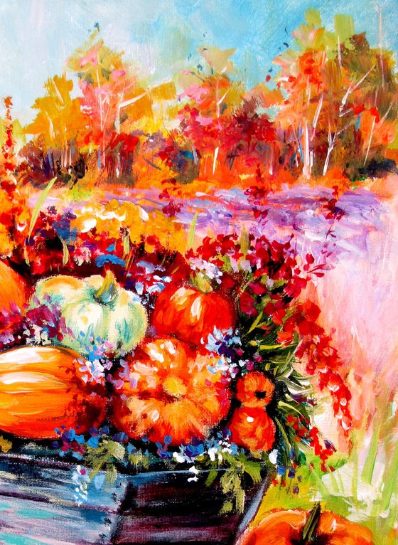 Pumpkins and flowers