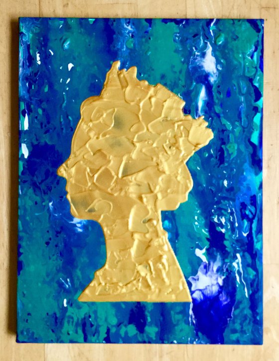 Gold Queen #23 Abstract Queen Elizabeth  portrait  on green marble background