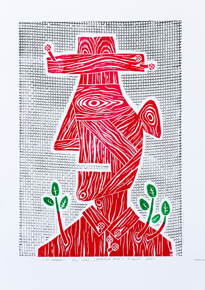 Portrait Limited Edition Print By Oleksandr Korol, 17 X 24", Wooden Man, Original Artwork