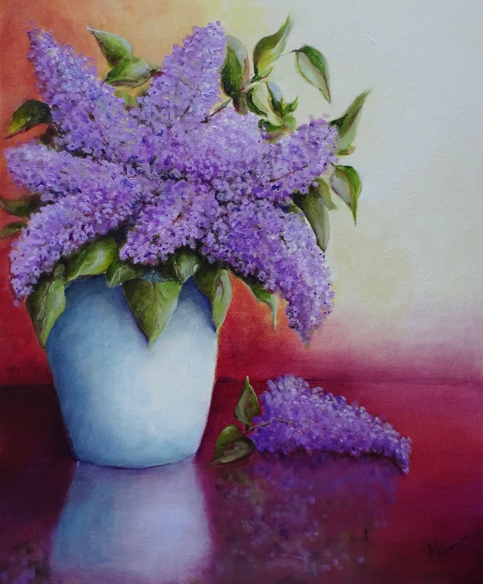 Impressionistic Botanical Oil Painting By Mel Davies Original Art, 16 X 20", Lilac Days, Original Artwork