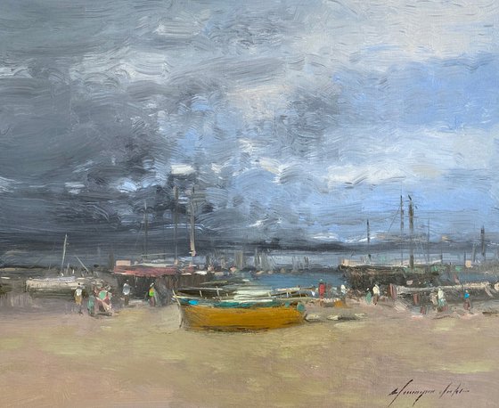 Harbor, Original oil painting, Handmade artwork, One of a kind