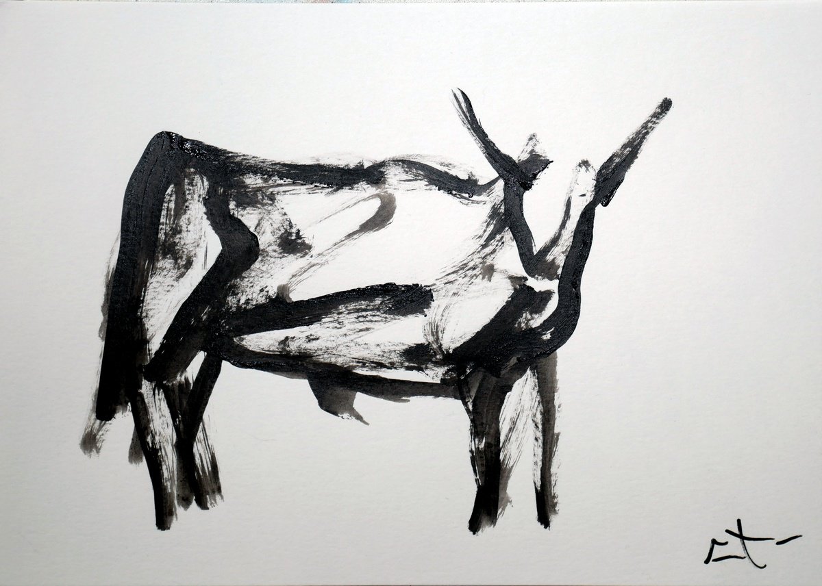 Expressive Animal Ink Drawing By Lionel Le Jeune, 12 X 8", Taureau, Original Artwork